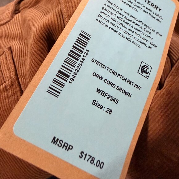 Faherty Womens Stretch Terry Cord Patch Pocket Pant Brown Different Sizes, NWT - Picture 3 of 4